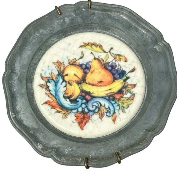 Vintage Pewter Coasters Ceramic Fruit Design Inserts Wall Decor Set of 6 READ - Picture 3 of 13